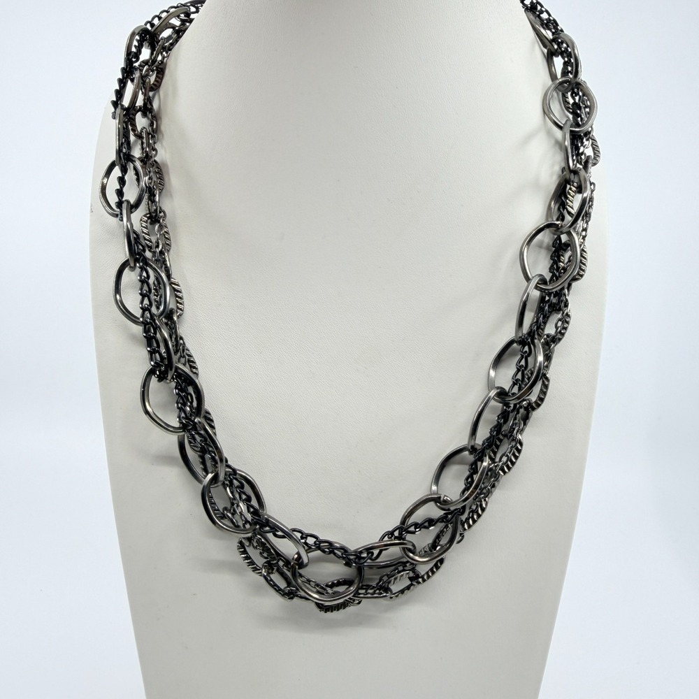 Vintage Gunmetal Multi Strand Link Chain Necklace Y2K Chunky Goth Punk Statement